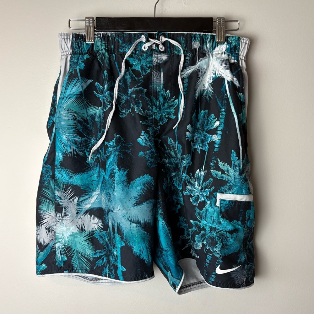 Nike Men's Palm Print Swim Shorts - Black and Teal
